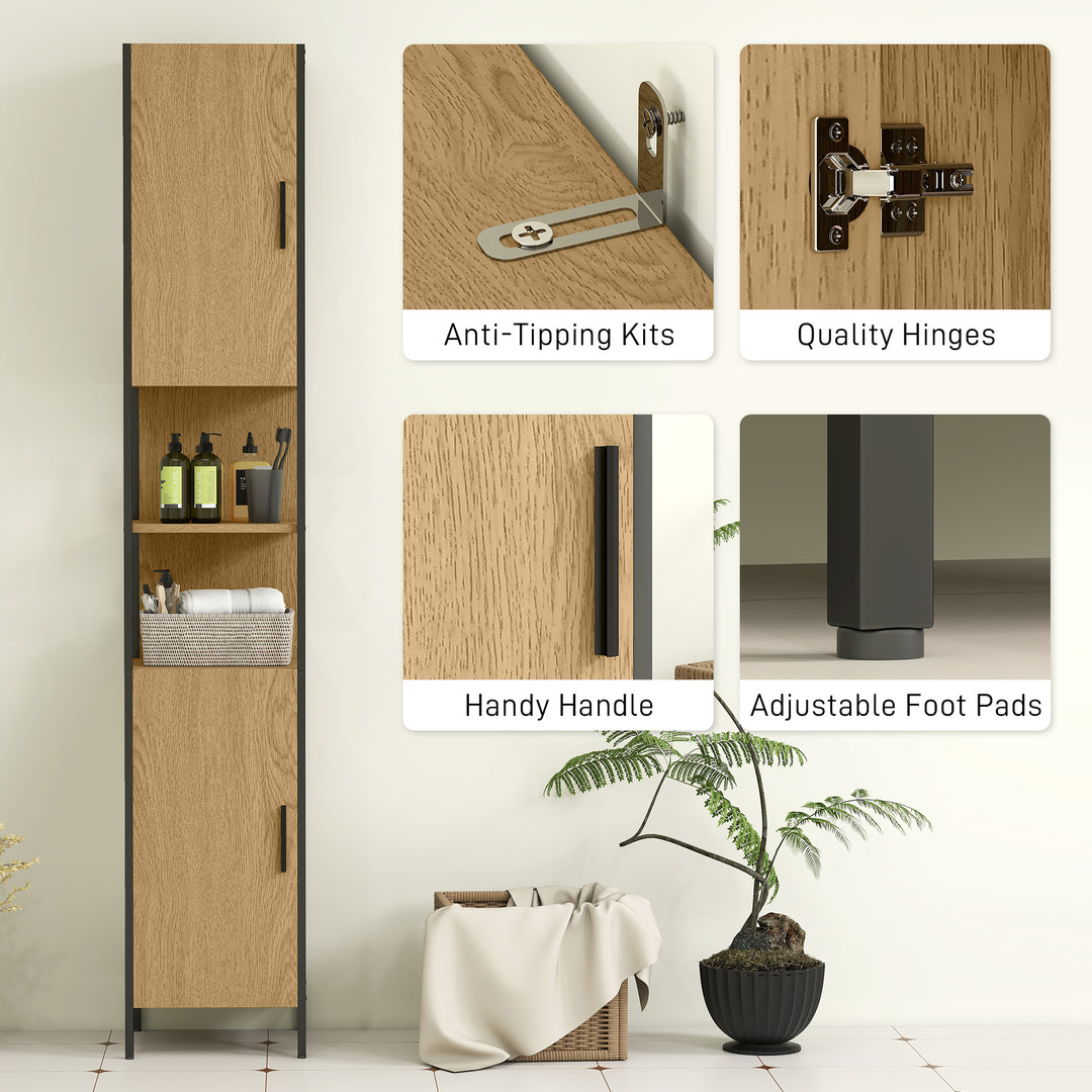 Tall Bathroom Cabinet with 2 Doors, Open Compartments and Adjustable Shelves - Natural Wood Finish