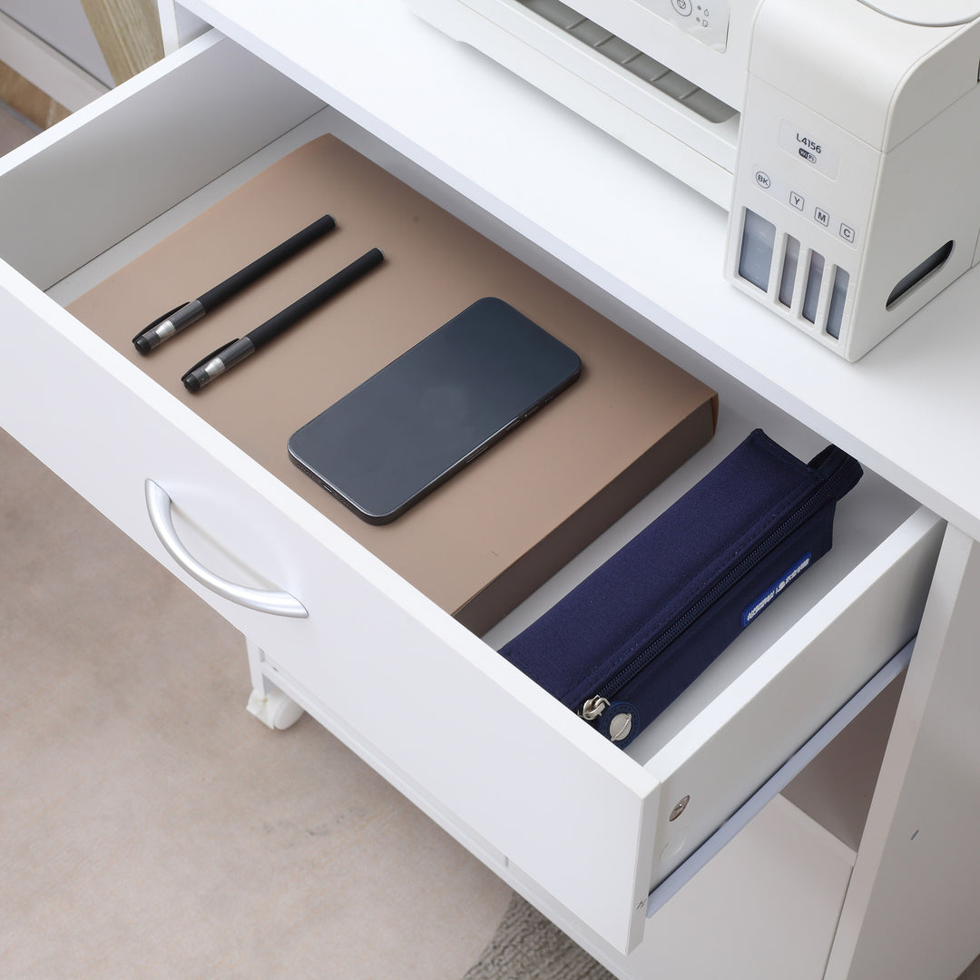 MCL Printer Stand Mobile Printer Cabinet with Storage, Open Shelf, Drawer for Home Office, 60cm x 39cm x 80cm, White
