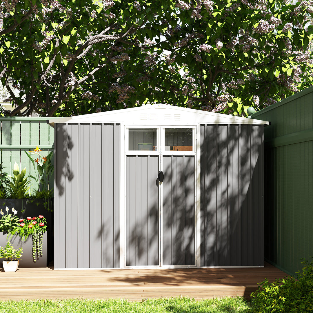 8 x 4 ft Metal Garden Shed, Garden Storage Shed with Window, 4 Vents and Lockable Door, Waterproof Galvanised Steel Tool Storage Shed, Light Grey