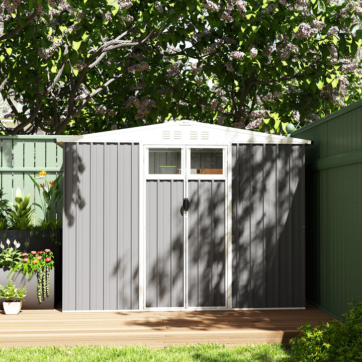 8 x 4 ft Metal Garden Shed, Garden Storage Shed with Window, 4 Vents and Lockable Door, Waterproof Galvanised Steel Tool Storage Shed, Light Grey