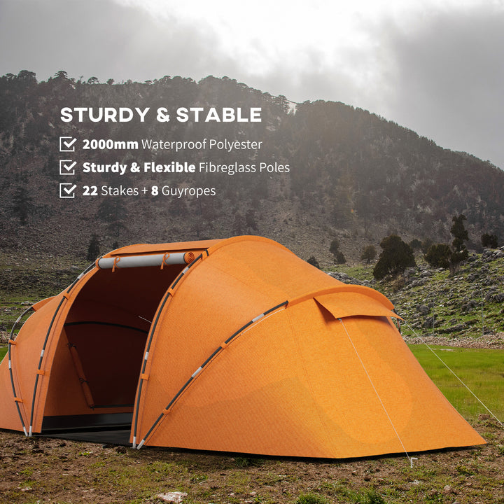 4-6 Man Camping Tent with Living Area and 2 Bedrooms, Hiking Sun Shelter, UV Protection Tunnel Tent, Orange