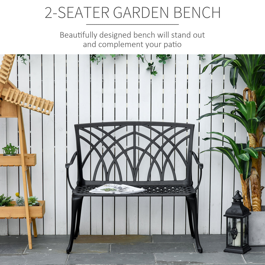 2-Seater Cast Aluminium Garden Bench Loveseat Outdoor Furniture Chair w/ Decorative Backrest & Ergonomic Armrest for Patio Terrace Porch