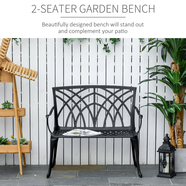 2-Seater Cast Aluminium Garden Bench Loveseat Outdoor Furniture Chair w/ Decorative Backrest & Ergonomic Armrest for Patio Terrace Porch