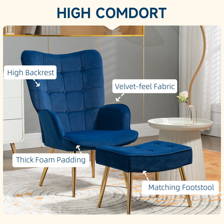 HOMCOM Upholstered Armchair w/ Footstool Set, Modern Button Tufted Accent Chair w/ Gold Tone Steel Legs, Wingback Chair, Dark Blue | Aosom UK