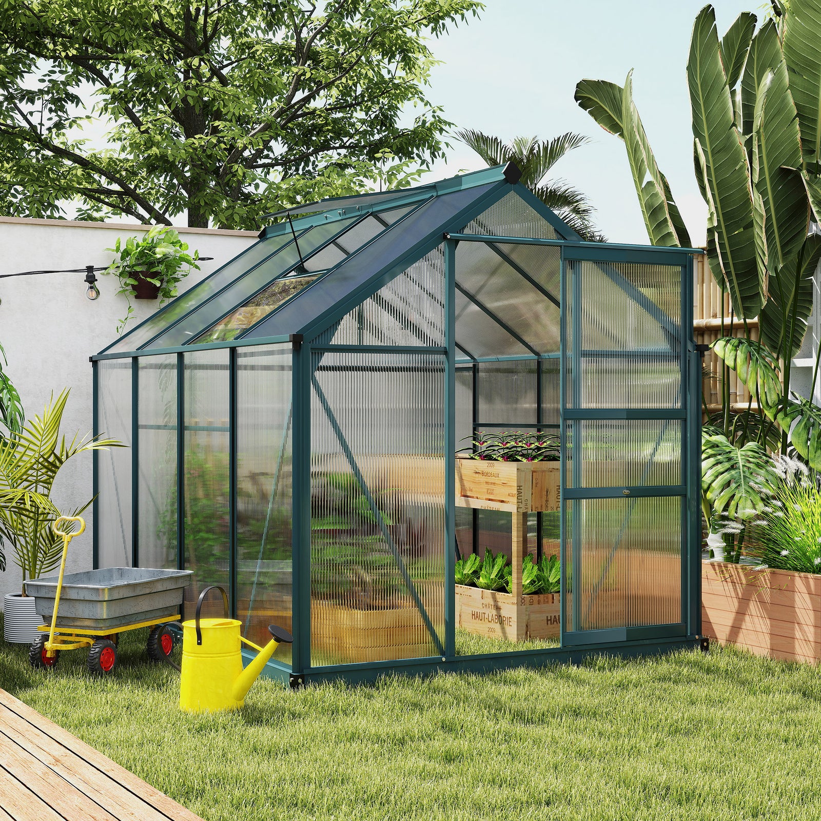 6 x 8ft Polycarbonate Greenhouse, Large Walk-In Green House with Slide Door and Window, Garden Plants Grow House with Aluminium Frame and Foundation, Dark Green
