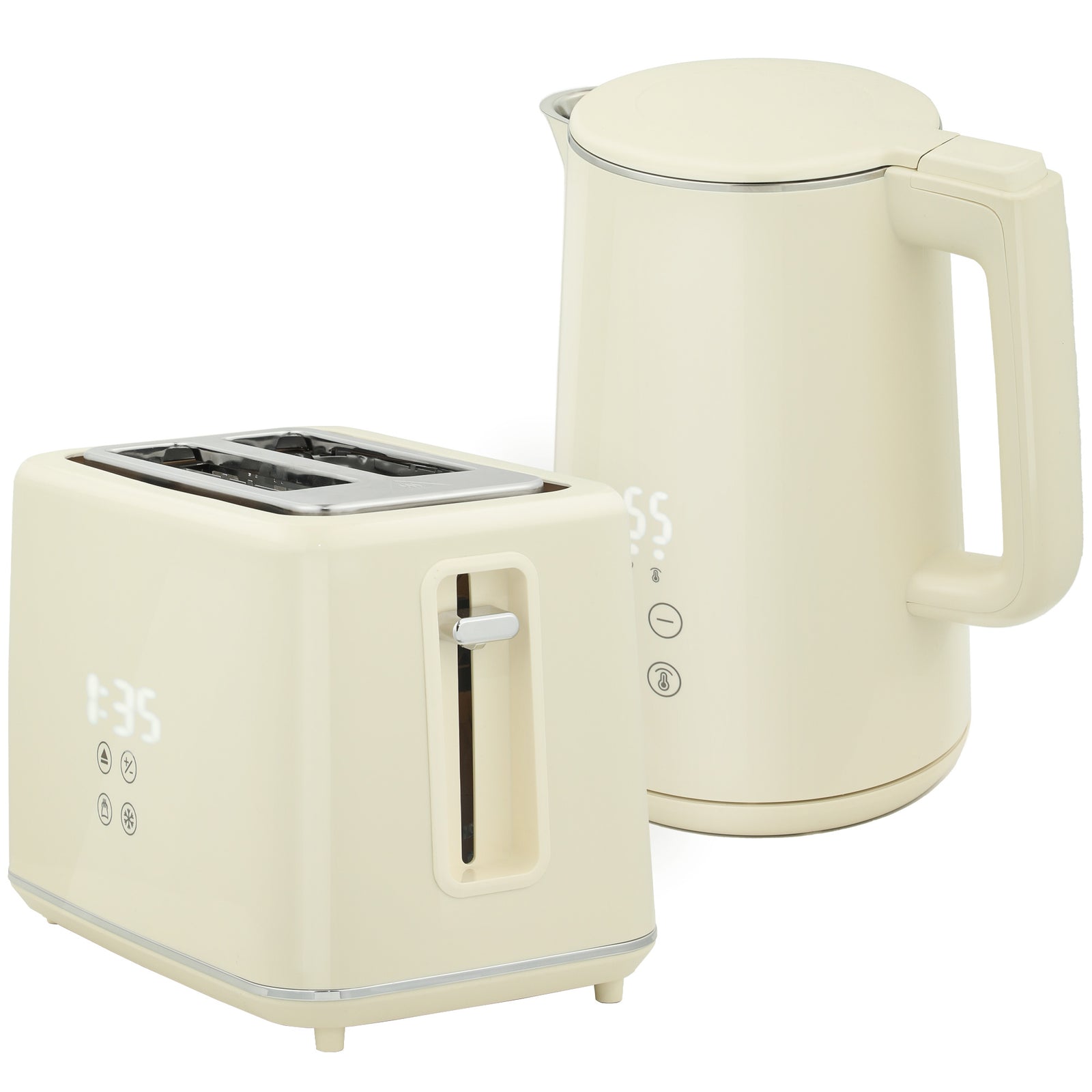 Digital Kettle and Toaster Set, 1.5L 3000W Fast Boil Kettle, 2 Slice Toaster Kitchen Set with 7 Level Browning Controls, Defrost, Reheat, Keep Warm, Crumb Tray and LED Touch Display, Beige