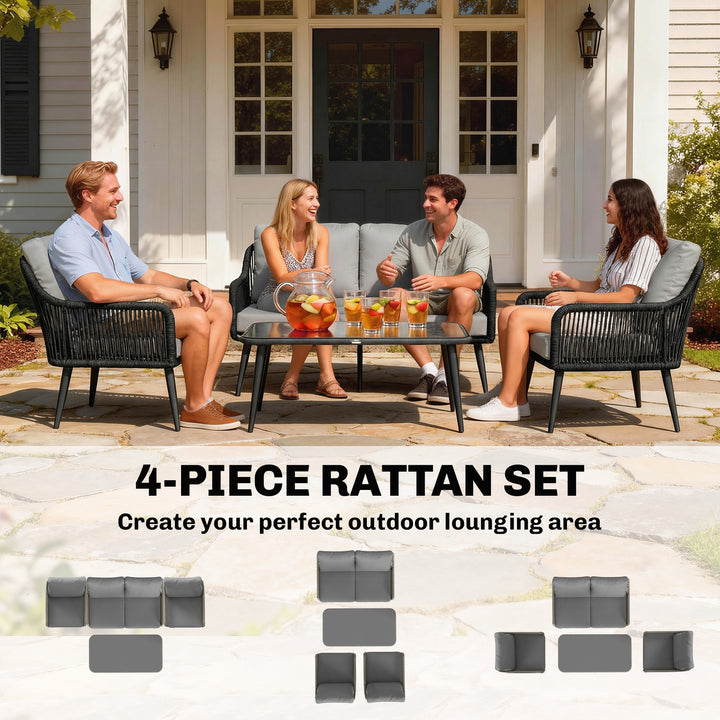 Rattan Garden Furniture Set, 4 Piece Outdoor Patio Furniture with Temp