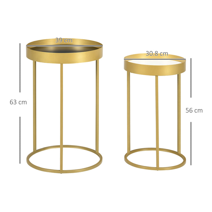 Nest of Tables, Round Coffee Table Set of 2, Nesting Tables with Embedded Tabletop and Metal Frame, Gold Side Table for Living Room, Bedroom