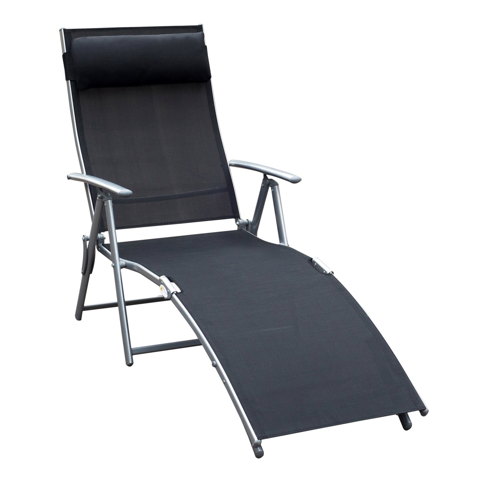 Sun Lounger Steel Frame Outdoor Folding Chaise Texteline Lounge Chair Recliner with Headrest & 7 Levels Adjustable Backrest, Black