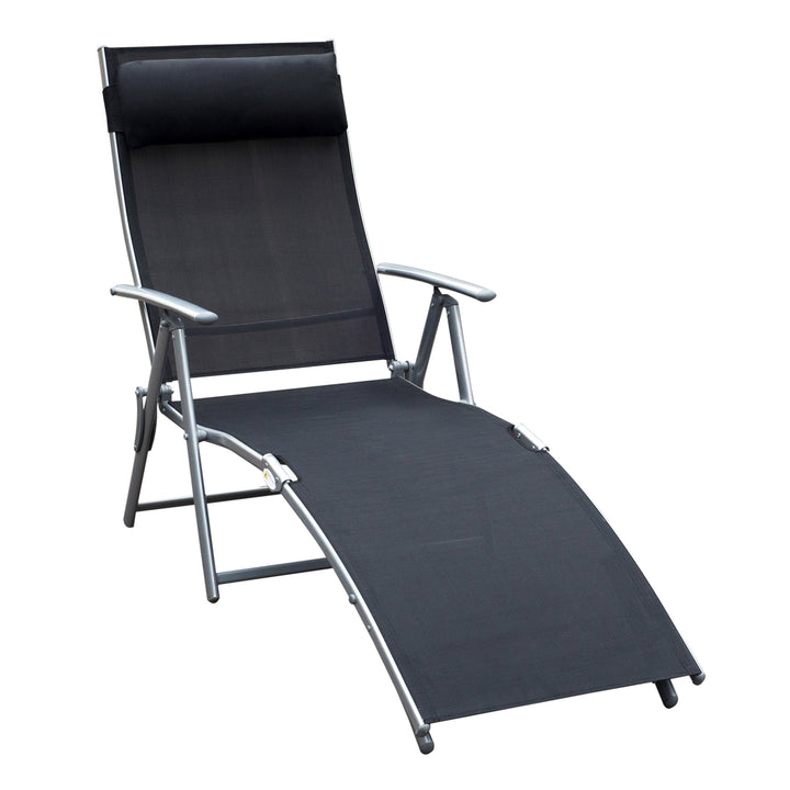 Sun Lounger Steel Frame Outdoor Folding Chaise Texteline Lounge Chair Recliner with Headrest & 7 Levels Adjustable Backrest, Black