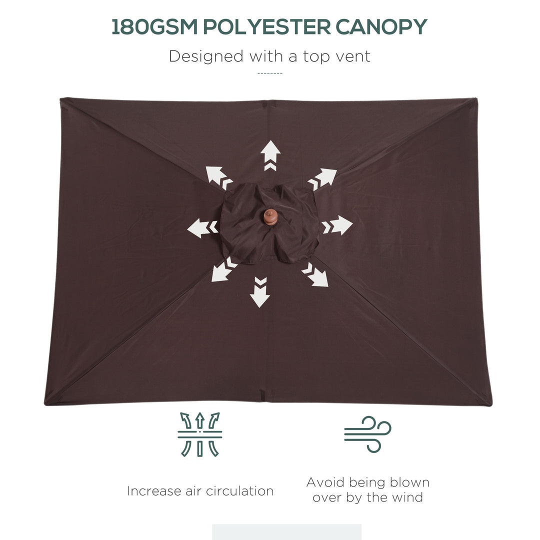 2m x 1.5m Garden Parasol Umbrella with Tilting Sunshade Canopy, Outdoor Market Table Umbrella with Wood and Bamboo Frame, Coffee