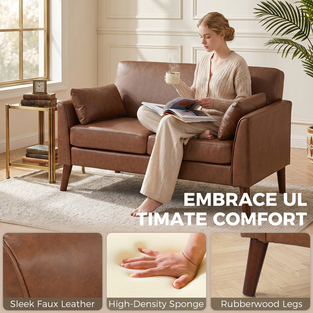 2 Seater Sofa, 132 cm Modern Small Sofa with Solid Wood Legs and 2 Pil