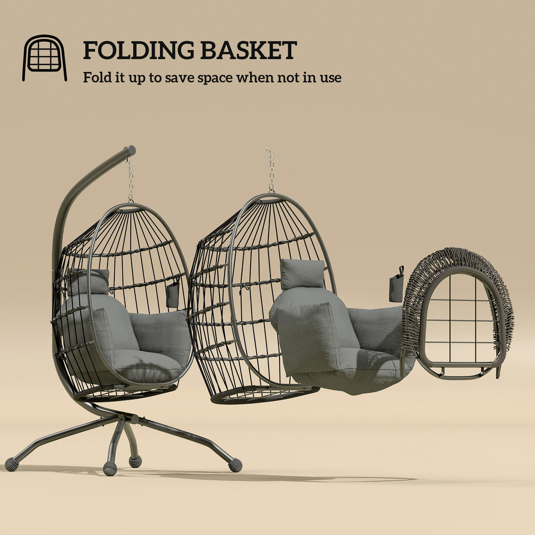 Hanging Egg Chair Outdoor Indoor Garden Swing Chair with Folding Basket and Thickened Cushion, Garden Hanging Chair with Stand, Headrest, Cup Holder for Patio, Balcony, Dark Grey