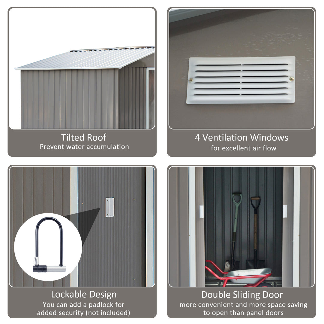 9 x 6FT Outdoor Garden Roofed Metal Storage Shed Tool Box with Foundation Ventilation & Doors Light, Grey