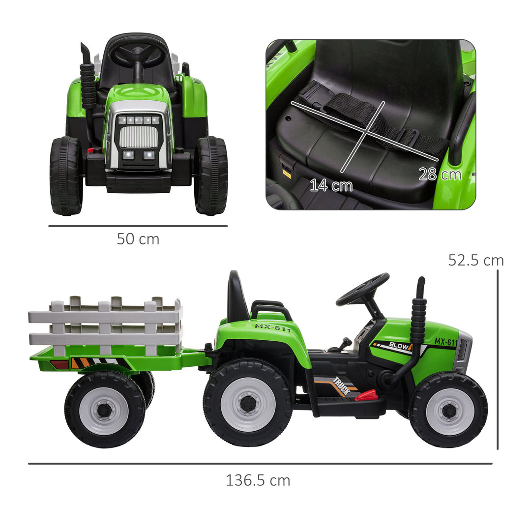 HOMCOM Electric Ride on Tractor w/ Detachable Trailer, 12V Kids Battery Powered Electric Car w/ Remote Control, Music for Kids Aged 3-6, Green