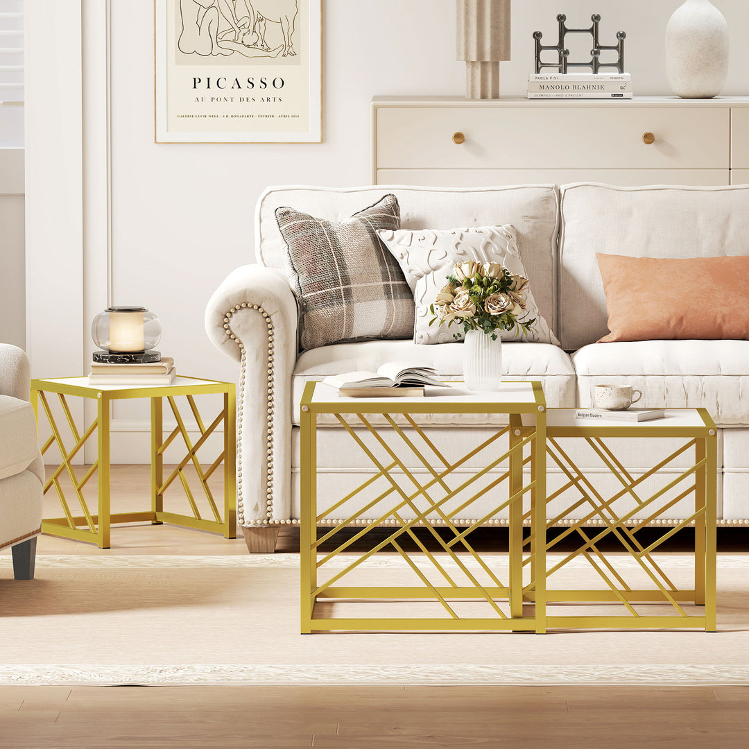 Nesting Coffee Tables, Set of 3 Square Side Tables with Gold Metal Fra