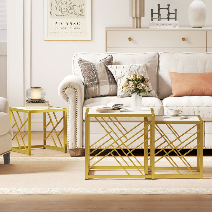 Nesting Coffee Tables, Set of 3 Square Side Tables with Gold Metal Fra