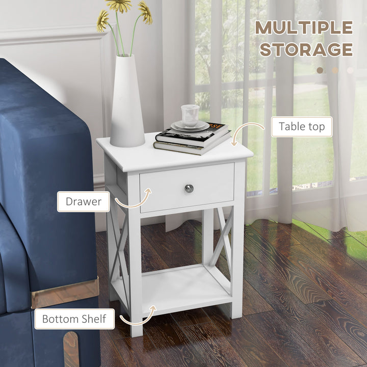 End Table, Sofa Side Table with Drawer X Bar Bottom Storage Shelf, Nightstand Bedside Table for Bedroom or Living Room White
