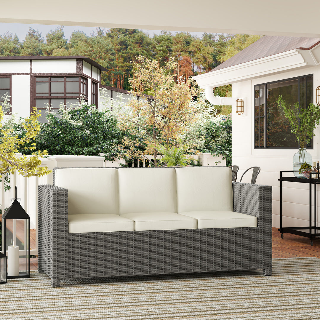3 Seater Rattan Sofa All-Weather Wicker Weave Metal Frame Chair with Fire Resistant Cushio-Cream