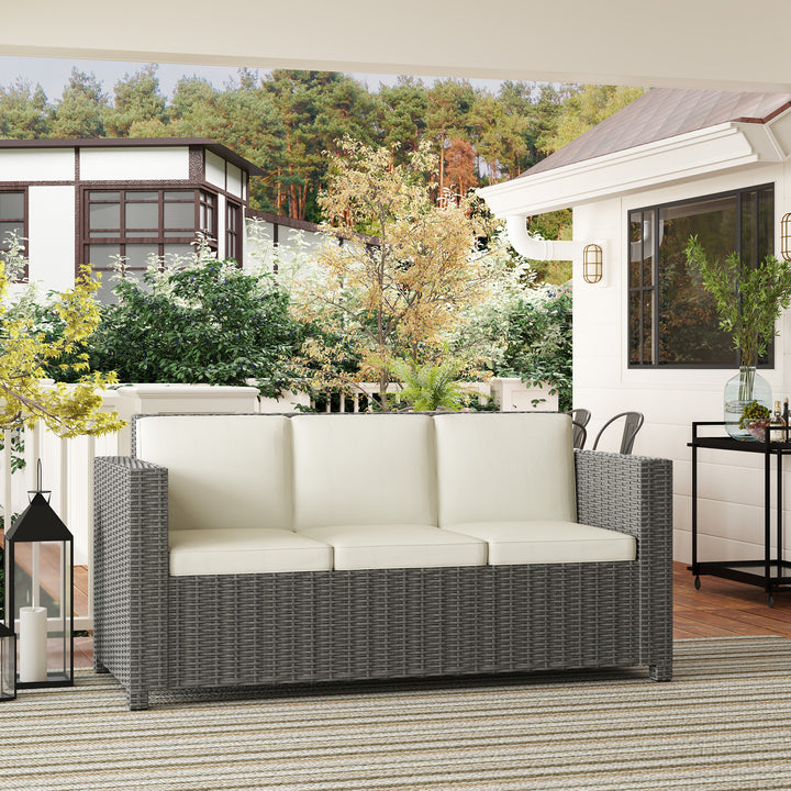 3 Seater Rattan Sofa All-Weather Wicker Weave Metal Frame Chair with Fire Resistant Cushio-Cream