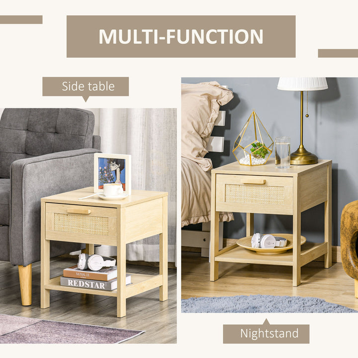 Bedside Table Set of 2 with Rattan Drawer, Rustic Side Tables with Storage Shelf for Bedroom, Living Room, Natural