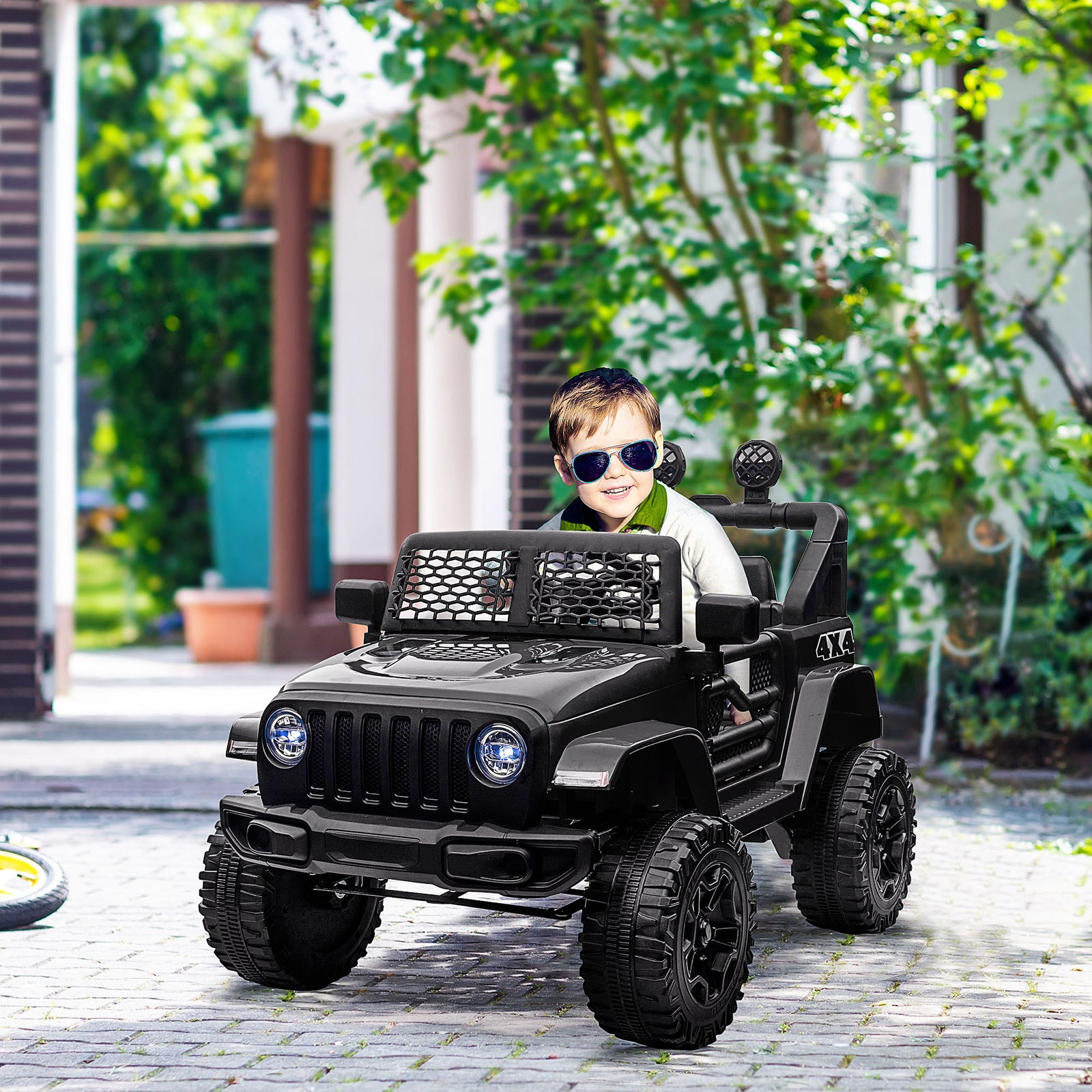 Kids Electric Ride On Car 12V Off Road Toy with Parental Remote Control 2 Motors Horn Lights Suspension Wheels for 3-6 Years Old Black