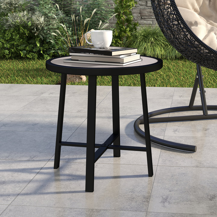 Round Small Garden Table, 50.5cm Outdoor Side Table with SPC Tabletop, Metal Frame and Anti-slip Foot Pads for Garden, Balcony, Grey Wood Effect