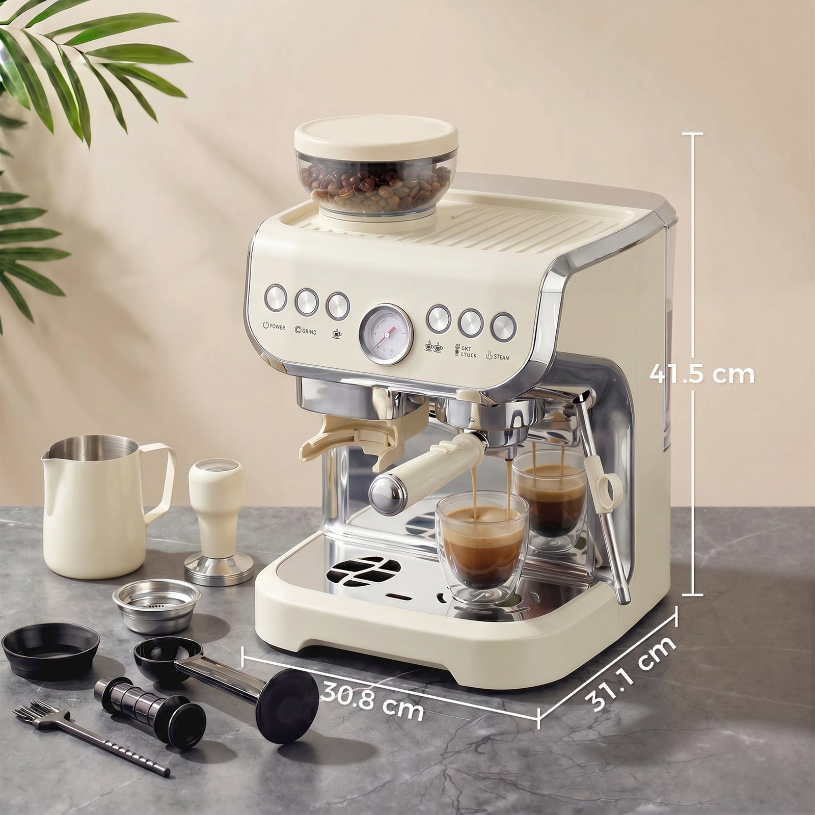 15 Bar Coffee Machine, with Adjustable Grind, Steamer and Accessories 