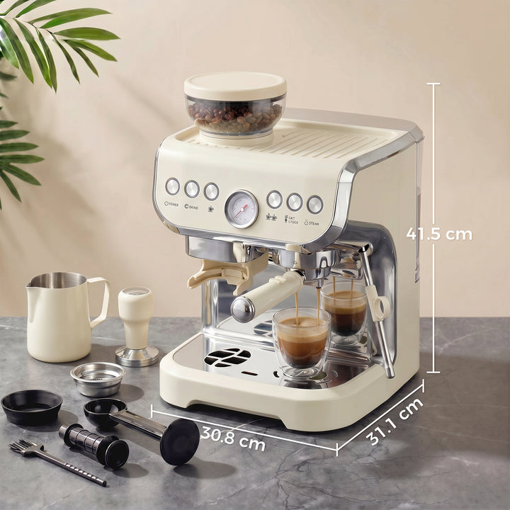 15 Bar Coffee Machine, with Adjustable Grind, Steamer and Accessories 