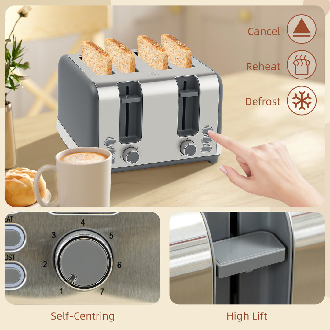 Stainless Steel Kettle and Toaster Set, 1.7L 3000W Rapid Boil Jug Kettle with UK Strix Thermostat, Limescale Filter, 4 Slice Toaster with 7 Browning Controls, Crumb Tray, Grey and Silver Tone