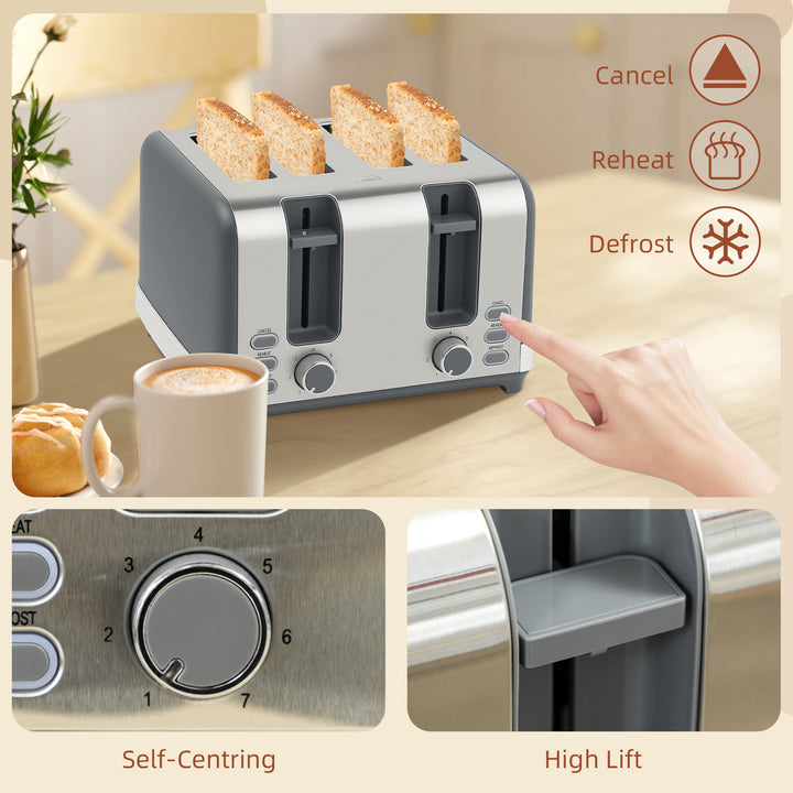 Stainless Steel Kettle and Toaster Set, 1.7L 3000W Rapid Boil Jug Kettle with UK Strix Thermostat, Limescale Filter, 4 Slice Toaster with 7 Browning Controls, Crumb Tray, Grey and Silver Tone