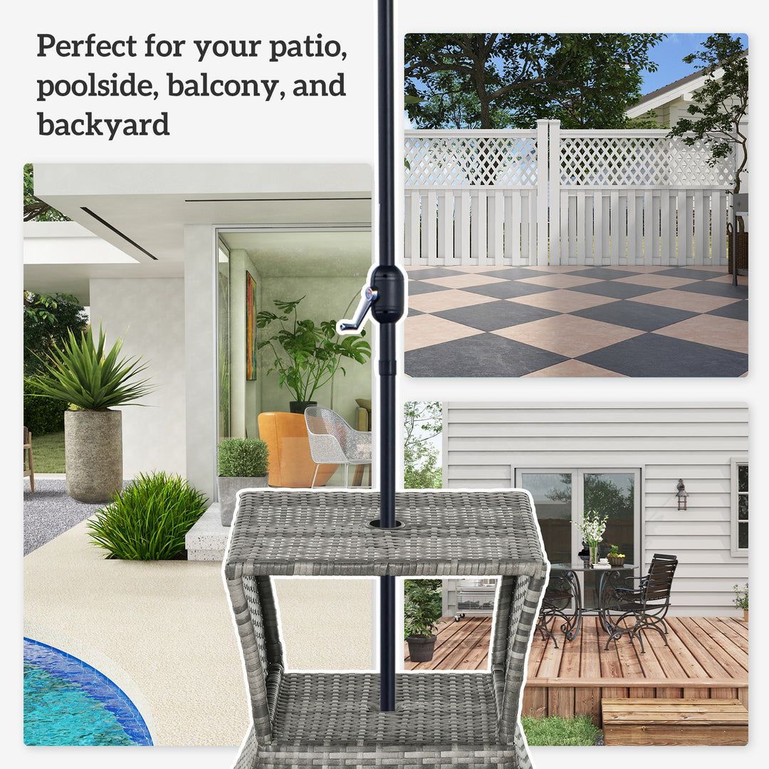 MCL Outdoor Patio Rattan Wicker Coffee Table Bistro Side Table w/ Umbrella Hole and Storage Space, Grey