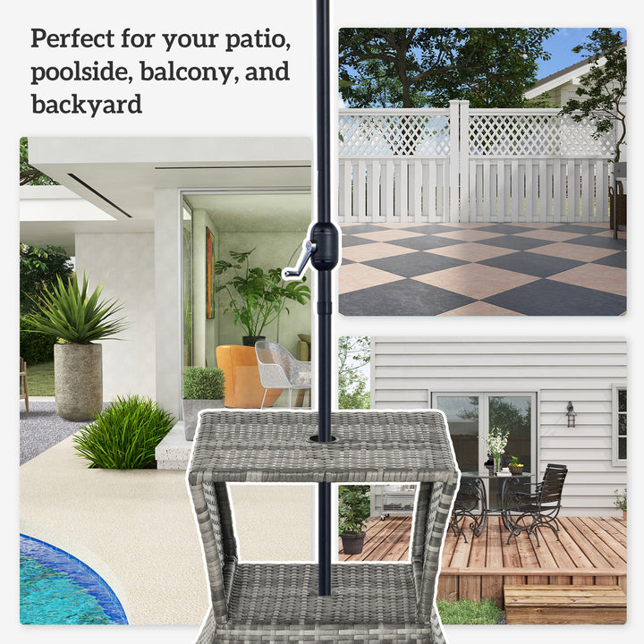 MCL Outdoor Patio Rattan Wicker Coffee Table Bistro Side Table w/ Umbrella Hole and Storage Space, Grey