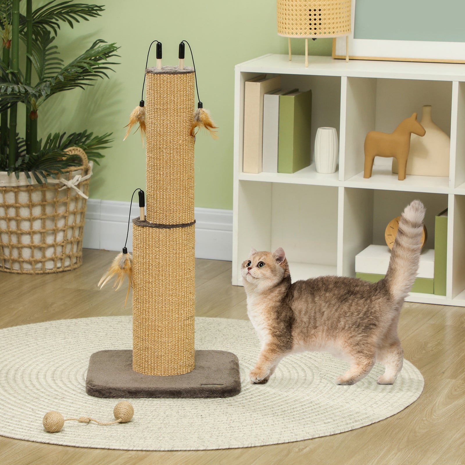 78cm 2-in-1 Cat Scratching Post with 3 Toy Feathers, Brown