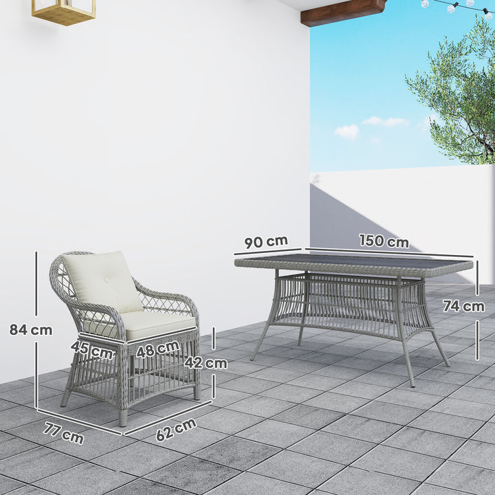 Rattan Dining Set with Seat and Back Cushions, 6 Seater Garden Furniture Set with Aluminium Frame, 6 Chairs, WPC Top Rectangle Table, Conservatory Wicker Patio Furniture, Grey