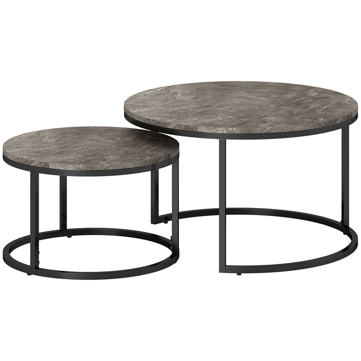 Industrial Nesting Coffee Table Set of 2, Round Coffee Tables, Living Room Table with Faux Marbled Top and Steel Frame