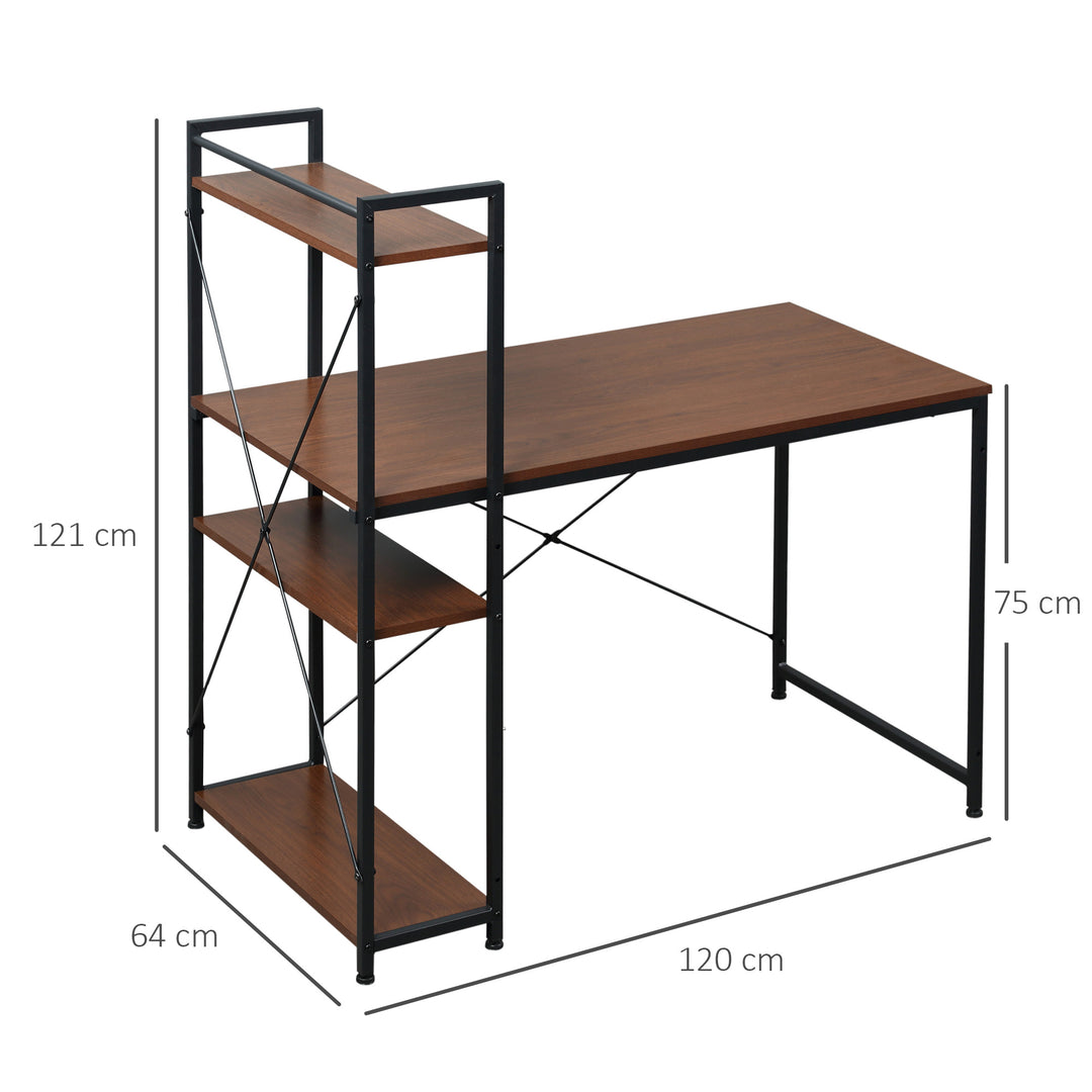 HOMCOM Workstation Desk with 4-Tier Bookshelf, Study PC Table, Home Office, Metal Frame, Wooden Top, Walnut & Black | Aosom UK