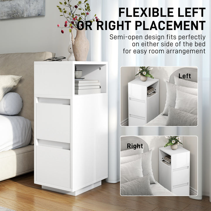 Slim Bedside Table, Narrow Bedside Cabinet with Open Shelf and 2 Drawers for Bedroom, Living Room