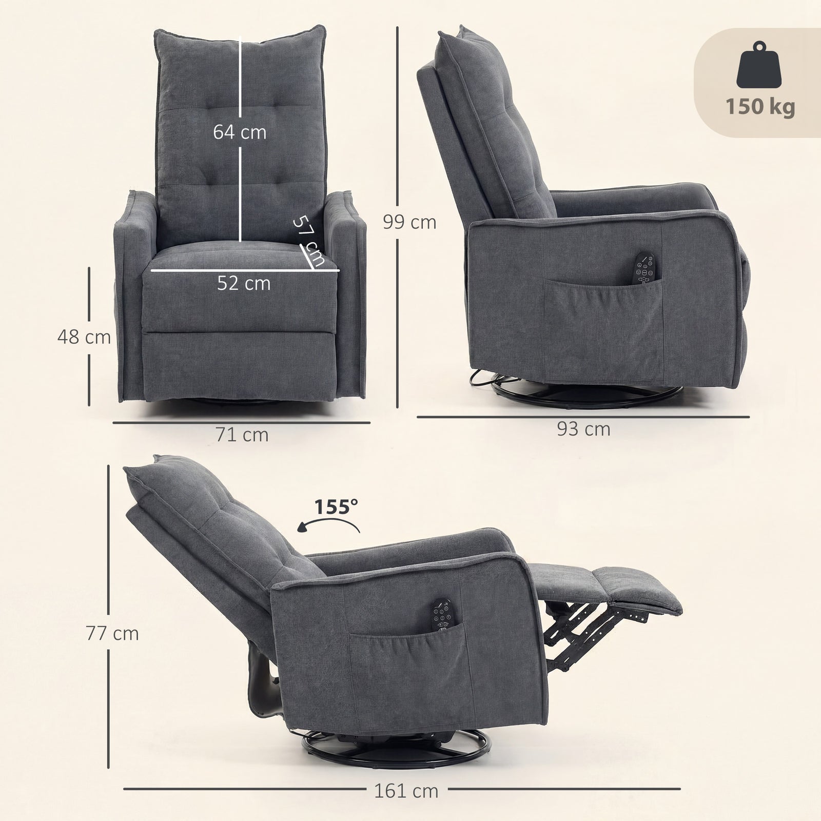 Recliner Armchair, Chenille Recliner Chair with Massage and Heat, 360°