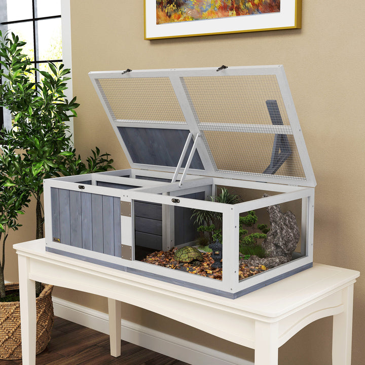Wooden Tortoise House with Lamp Holder, Clear Windows, Openable Tops, Built-In Tray, Light Grey