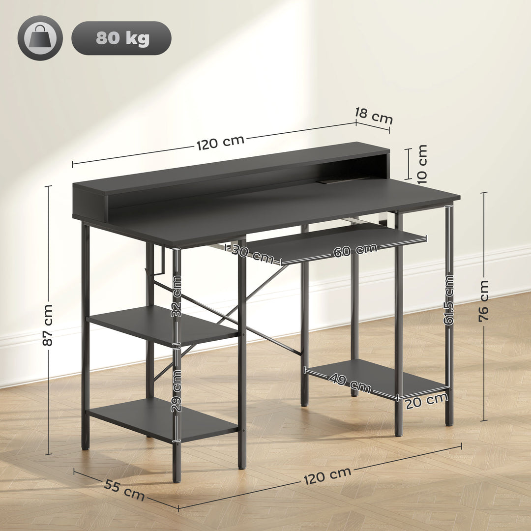 Computer Desk with LED Lights and Power Outlets, 120 x 55 cm Gaming Desk with Monitor Stand, Sliding Keyboard Tray and Storage Shelves for Home Office, Black
