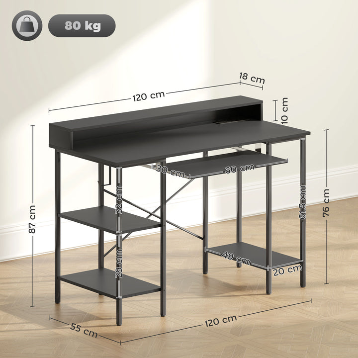 Computer Desk with LED Lights and Power Outlets, 120 x 55 cm Gaming Desk with Monitor Stand, Sliding Keyboard Tray and Storage Shelves for Home Office, Black