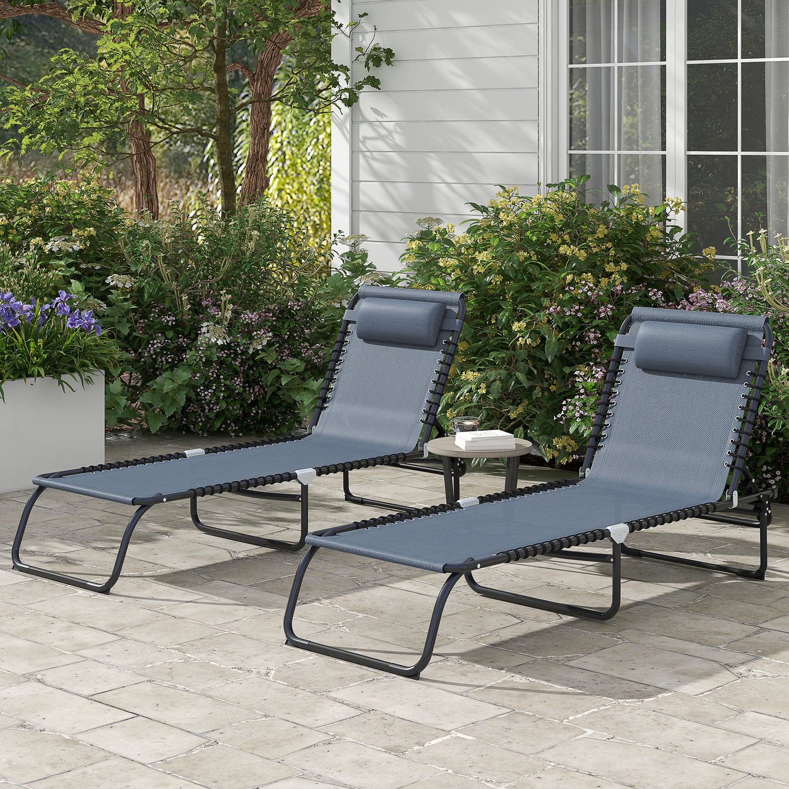 Set of Two Folding Sun Loungers, with Four-Position Backs - Grey