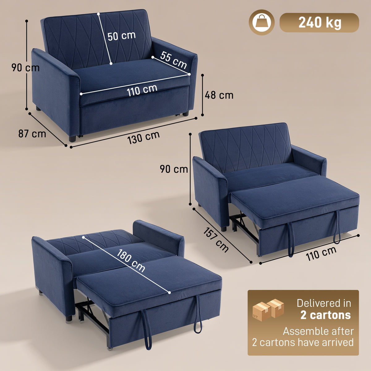 2 Seater Sofa Bed, 3-in-1 Convertible Pull Out Sleeper Sofa with Click
