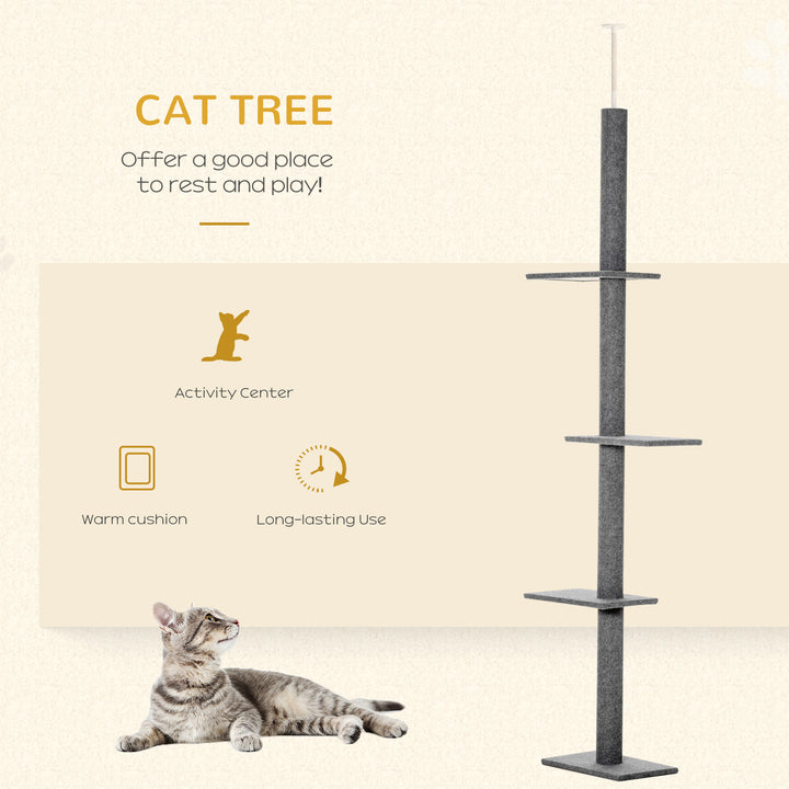 PawHut Cat Tree Tower, Floor to Ceiling with 3 Perches, Scratching Posts, Activity Centre for Kittens, Grey | Aosom UK