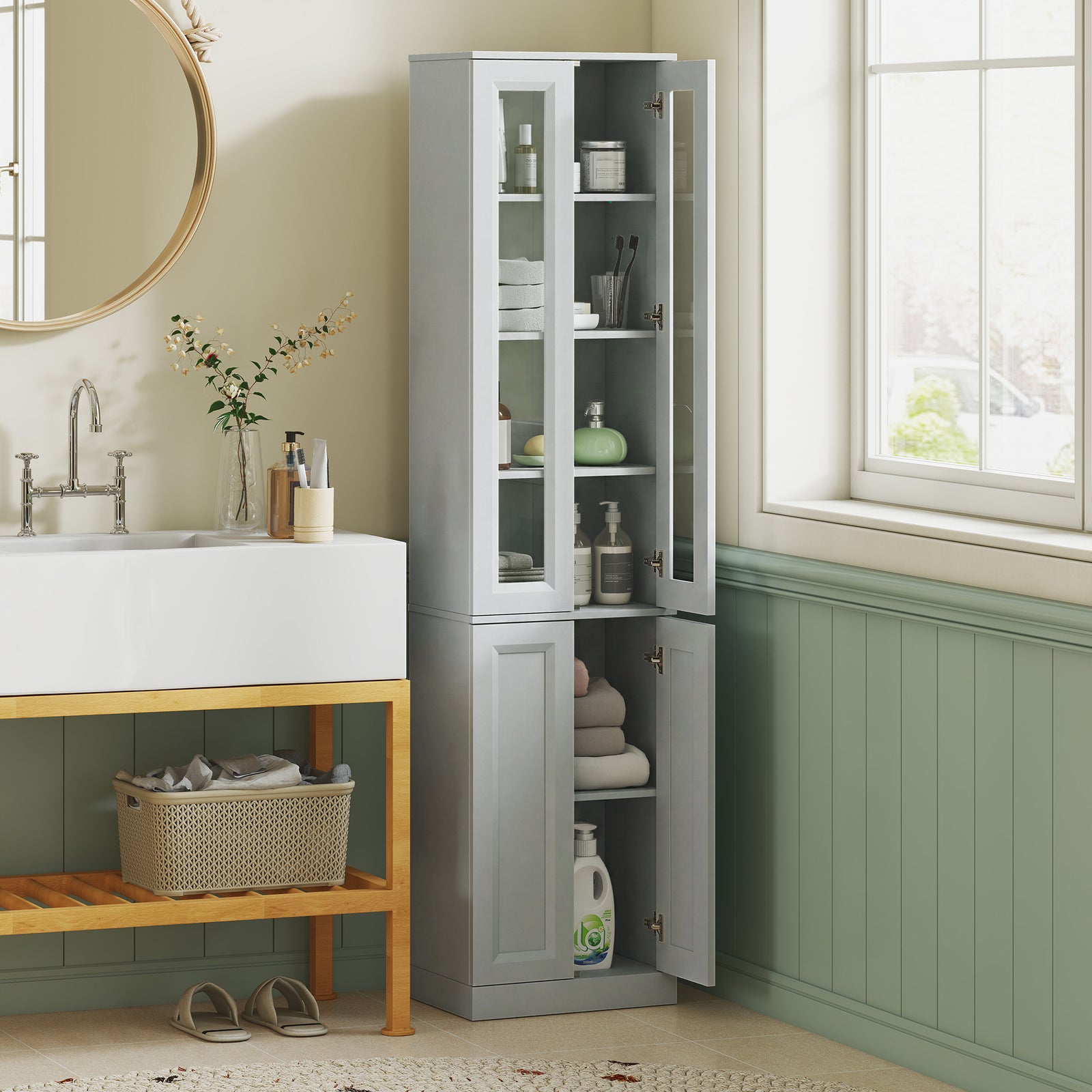 Tall Bathroom Storage Cabinet, 6-Tier Slim Bathroom Cabinet with Adjus