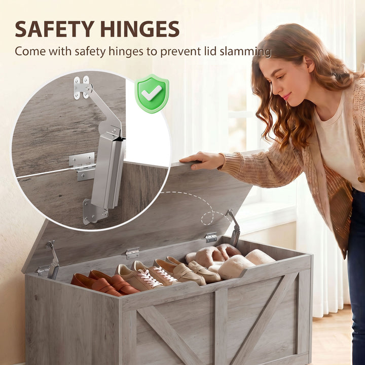 127L Home Storage Box, with Safety Hinges - Grey Wood-Effect