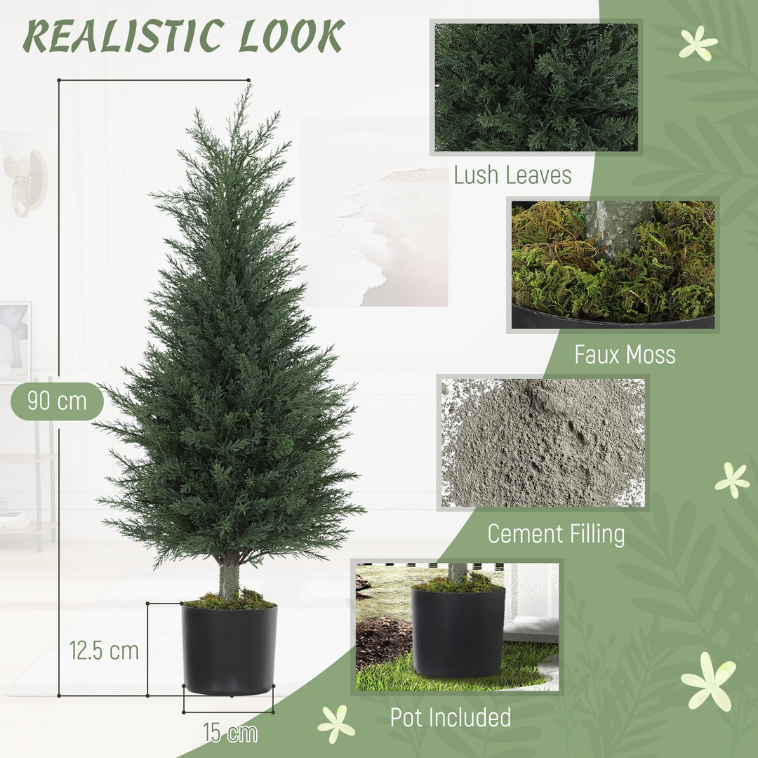 Set of 2 Decorative Artificial Plant, 90 cm Cypress Tree with 362 Leaves in Pot, UV-Resistant Plastic Fake Tree for Indoor Outdoor Home Office