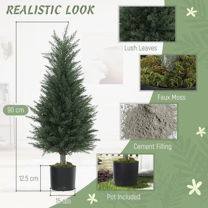 Set of 2 Decorative Artificial Plant, 90 cm Cypress Tree with 362 Leaves in Pot, UV-Resistant Plastic Fake Tree for Indoor Outdoor Home Office