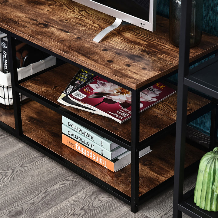 TV Unit for 55 inch TVs, Industrial TV Table with 2 Storage Shelves and Metal Frame, Entertainment Unit For living Room, Rustic Brown